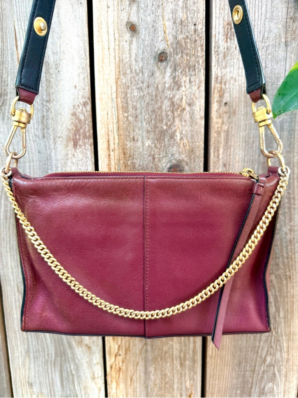 Rag & Bone Leather Crossbody Bag in Burgundy with Gold Chain